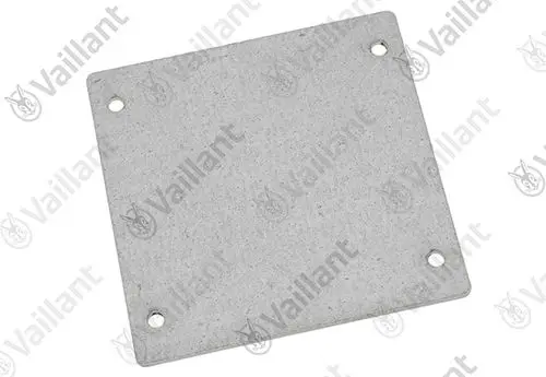 Grauer, quadratischer Deckel mit vier Bohrlöchern, hergestellt von Vaillant. Eignet sich wahrscheinlich für den Einsatz in Heizsystemen.